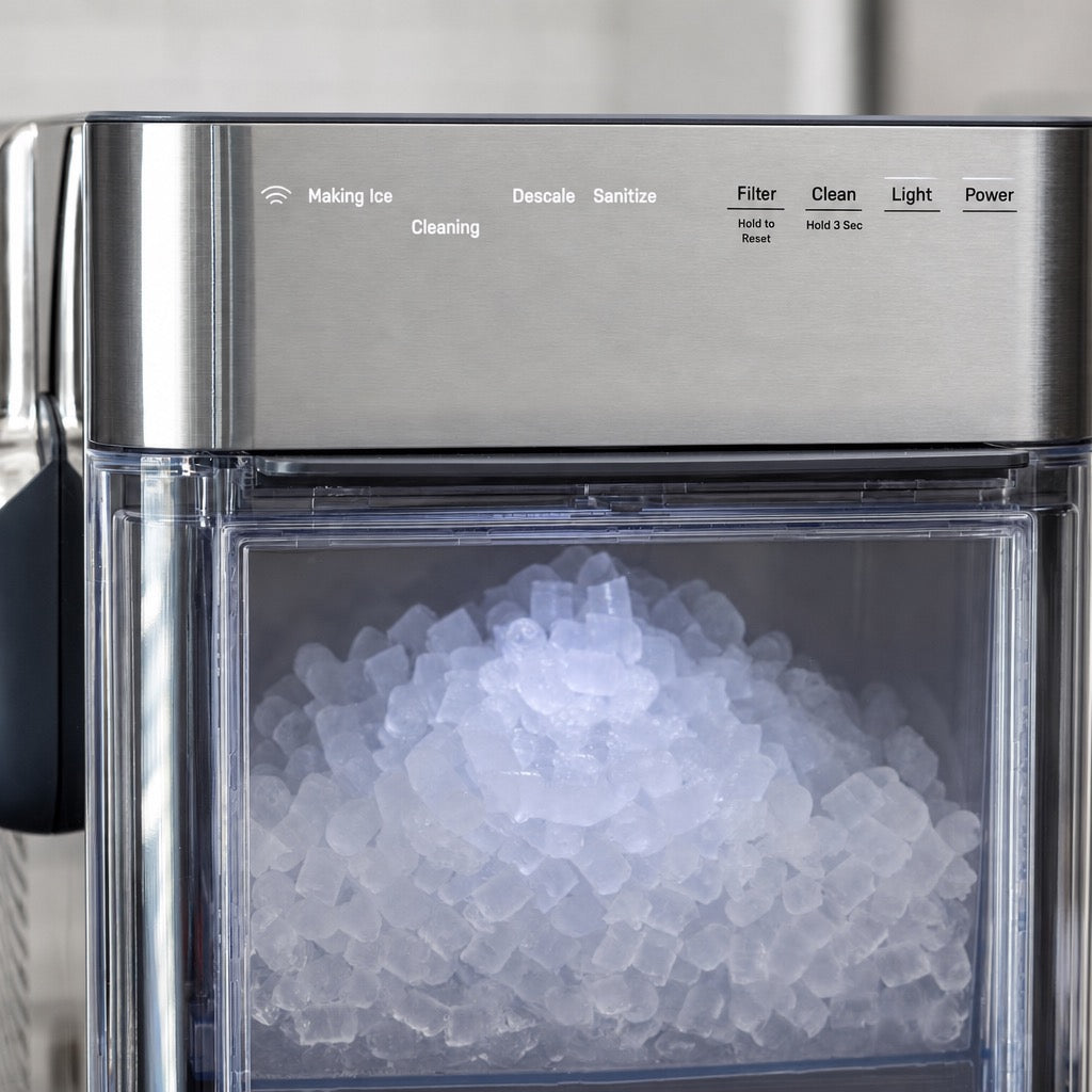 Stainless steel nugget ice maker ice window
