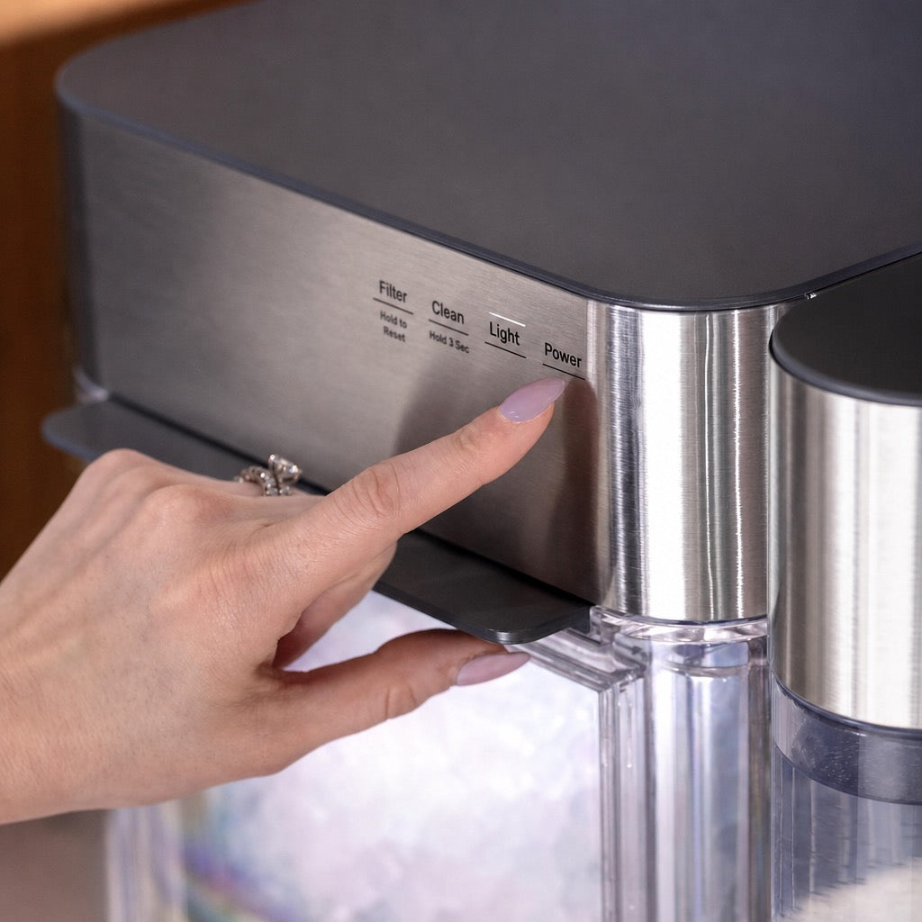 Stainless steel nugget ice maker button detail