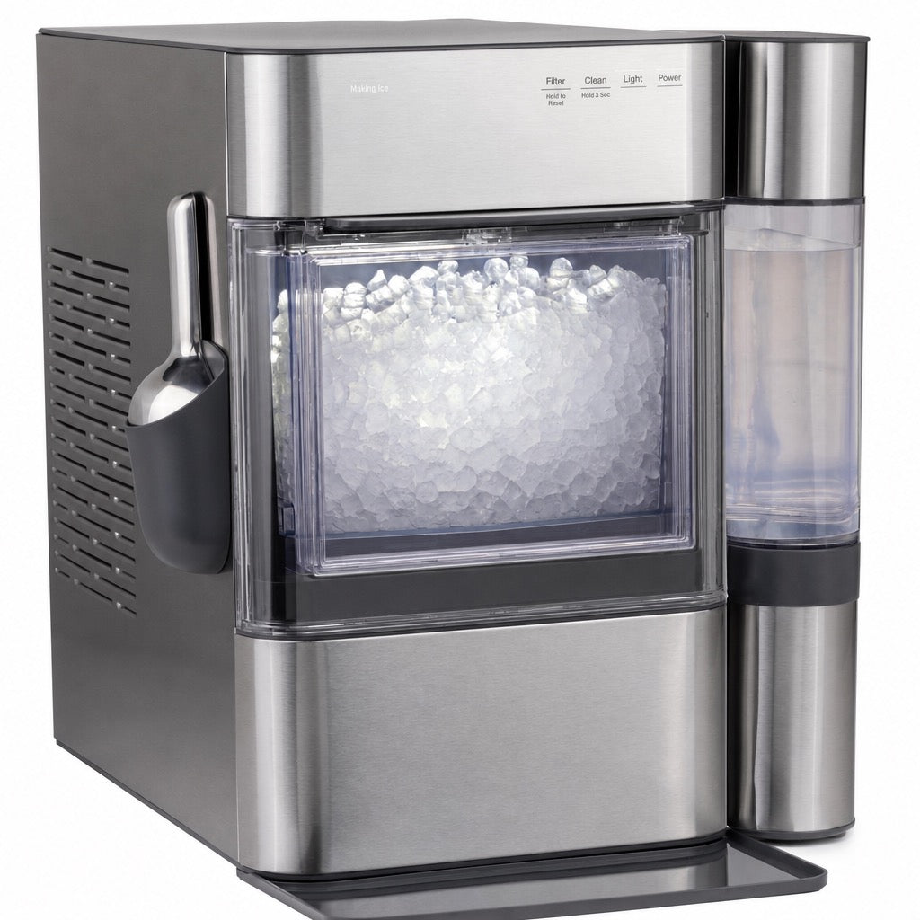 Stainless steel nugget ice maker angled