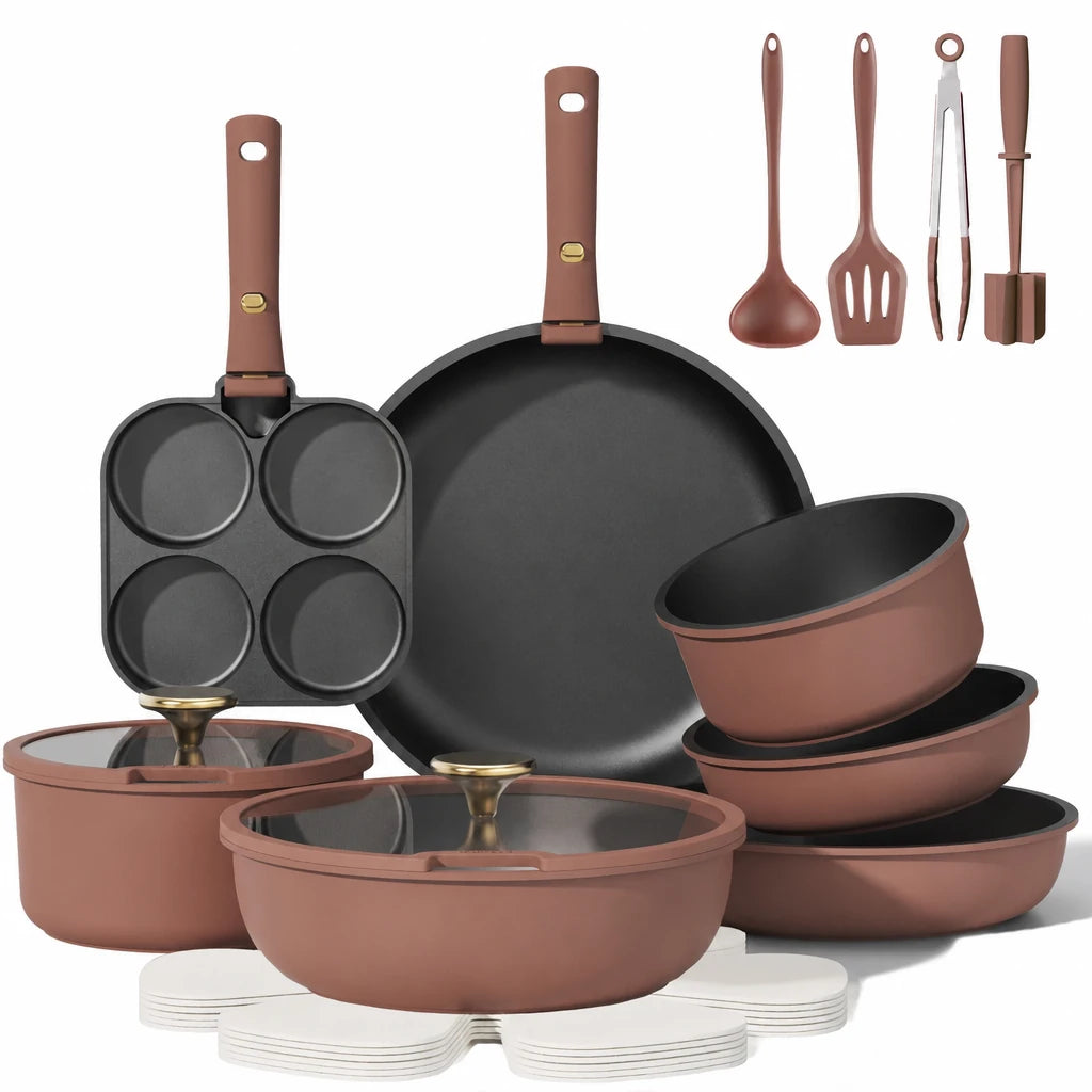 Burgundy detachable nonstick cookware set — 21 pcs